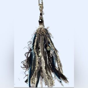 Shabby Denim Boho bag Tassel - Elephant Charm & semi precious stone- 9.5” long